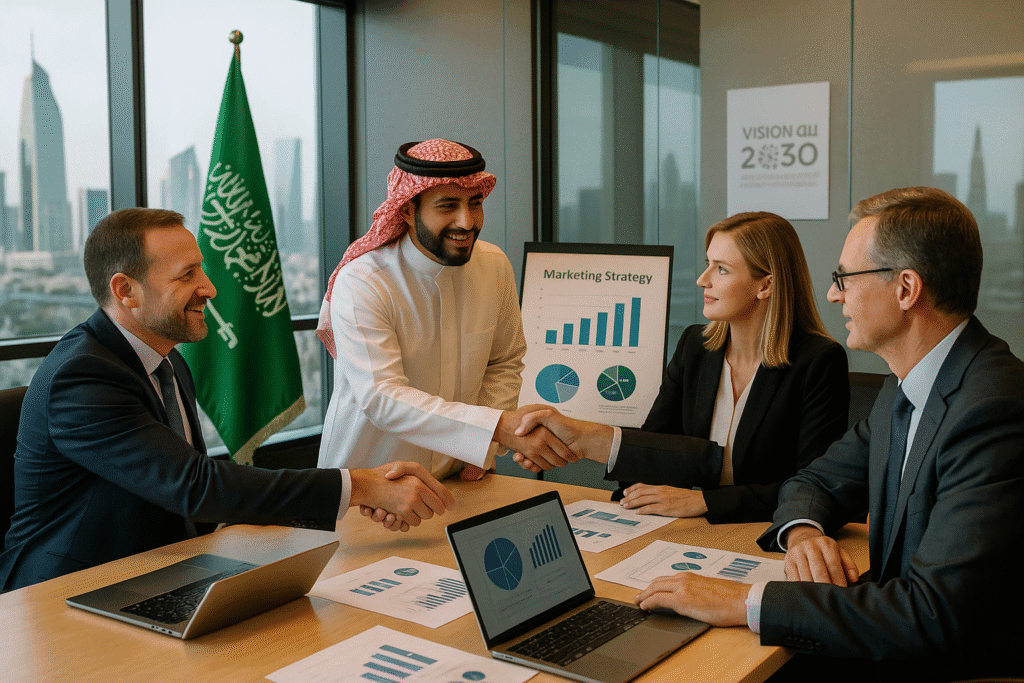 Saudi marketing services expert consulting with local business team in Riyadh office