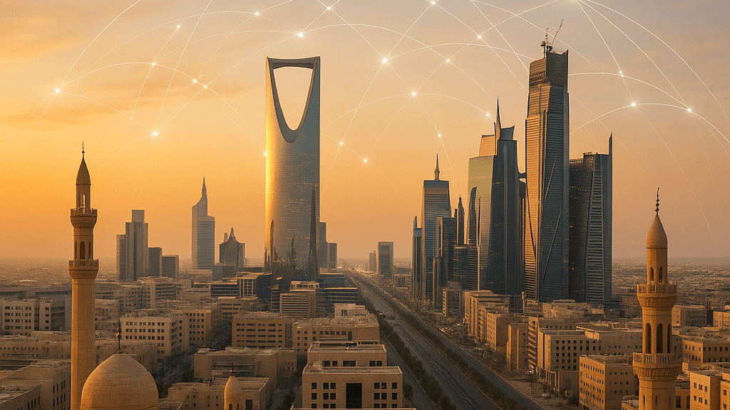 Modern Riyadh skyline with digital overlay representing Saudi Arabia startup ecosystem and Vision 2030 transformation